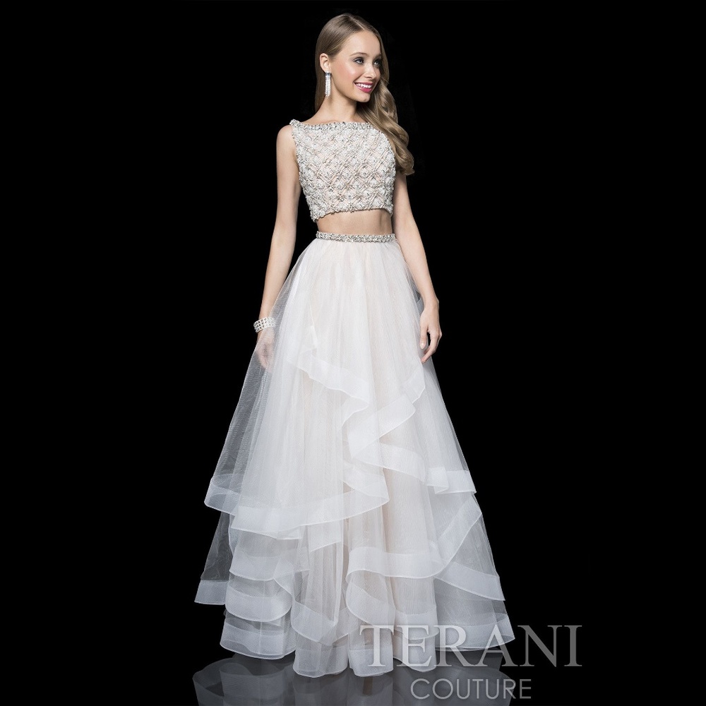 White Crystal Beaded Two Piece Prom Dress